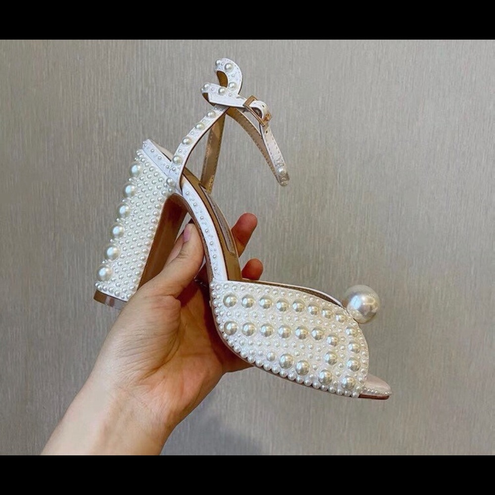 White wedding block heels with pearls